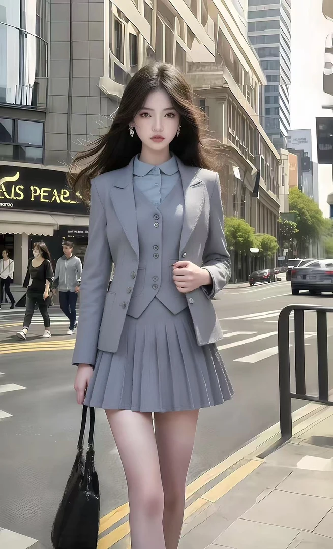 秋季休闲通勤风灰色时尚套装百搭长袖外套+系扣马甲+百褶半身裙女