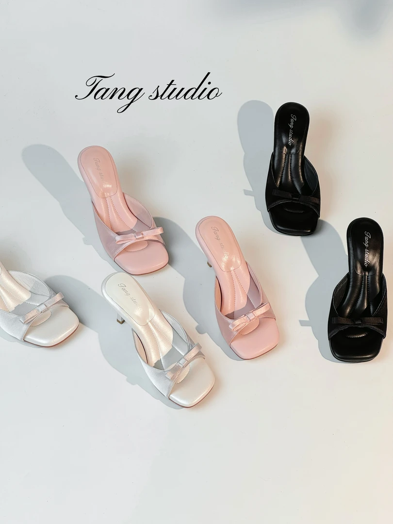 2025夏季新款高跟蝴蝶结法式绑带两穿方头细跟凉鞋 8cm T253