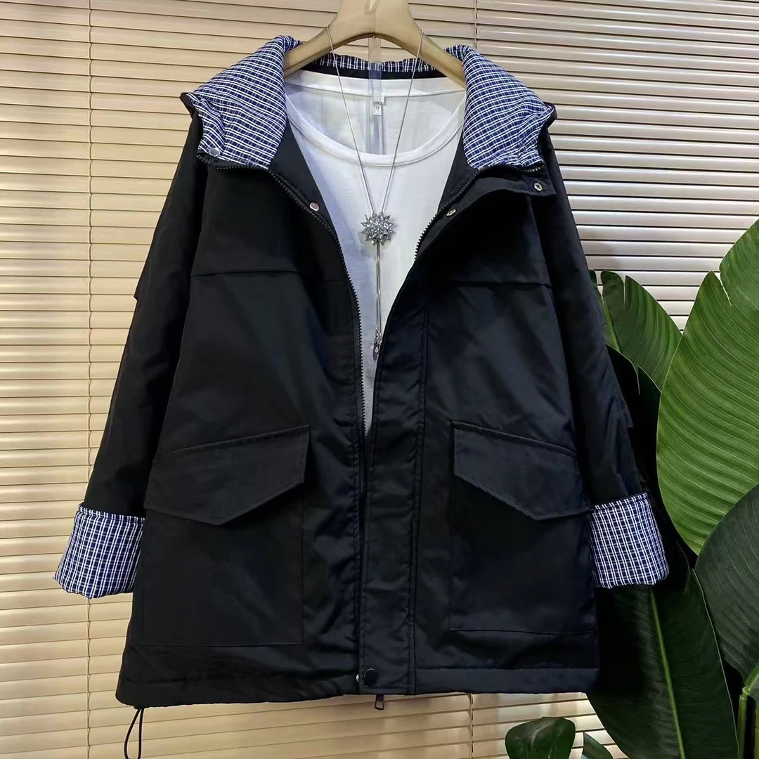 X胖mm欧货时尚新款减龄拼格帽版抽绳双兜设计宽松夹棉外套