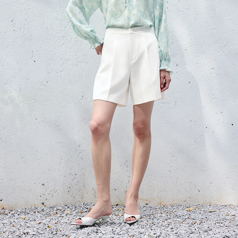 寺山文也 余弦/醋酸重乔垂感高级感通勤简约高腰白色阔腿短裤女夏