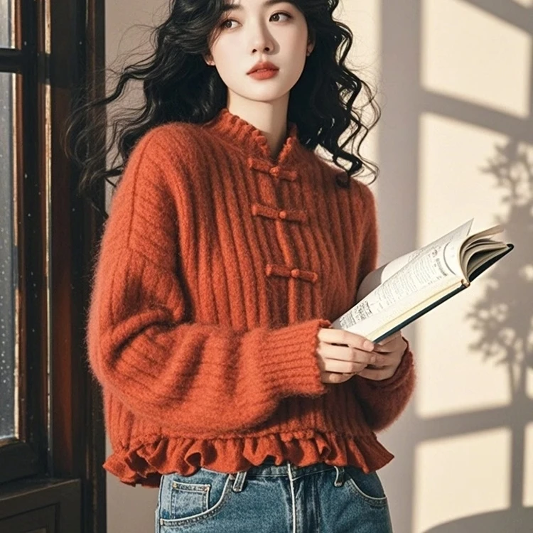 新年慵懒高级感超好看奶呼呼软糯设计感红色新中式针织毛衣女春季