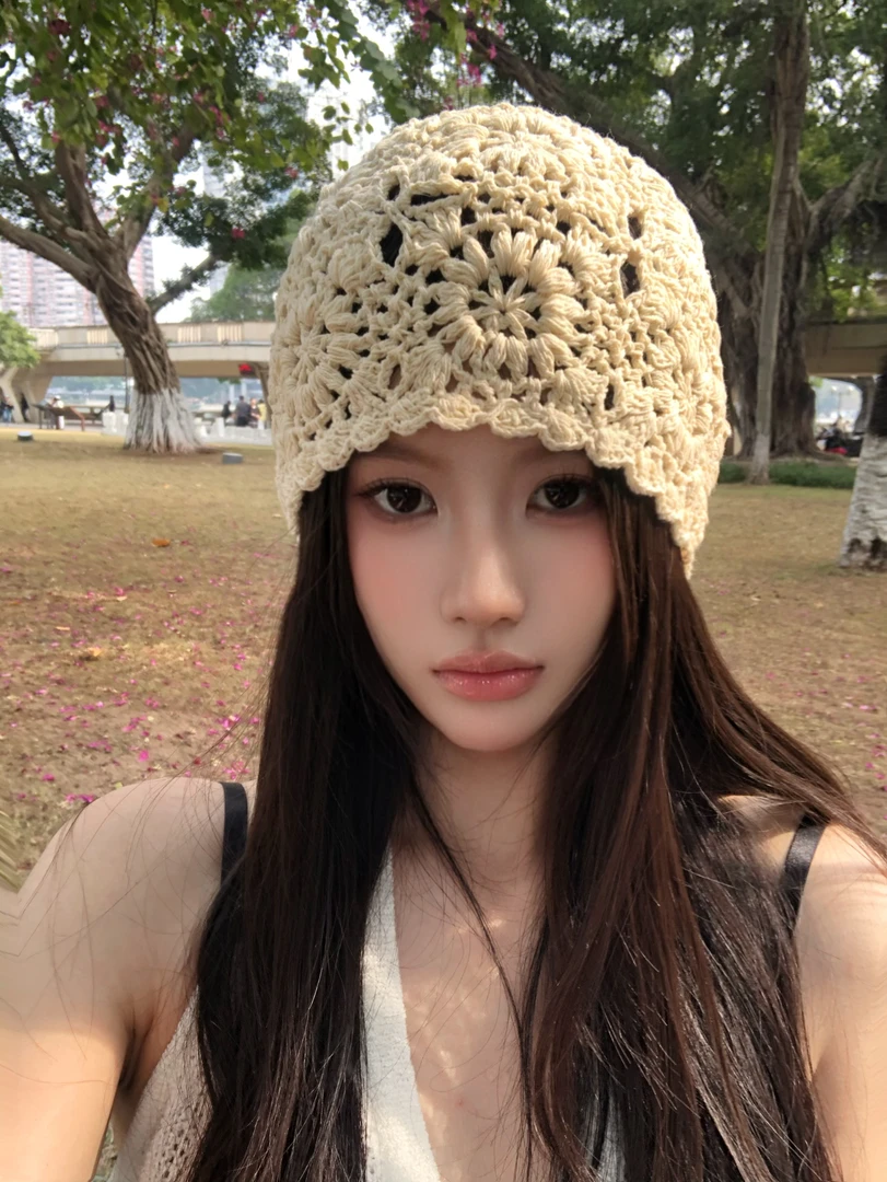日系手工编织包头帽子女春秋薄款镂空毛线帽复古文艺针织帽堆堆帽