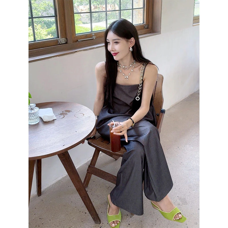 复古高级感套装女夏季小众高级感显瘦休闲无袖吊带阔腿裤两件套