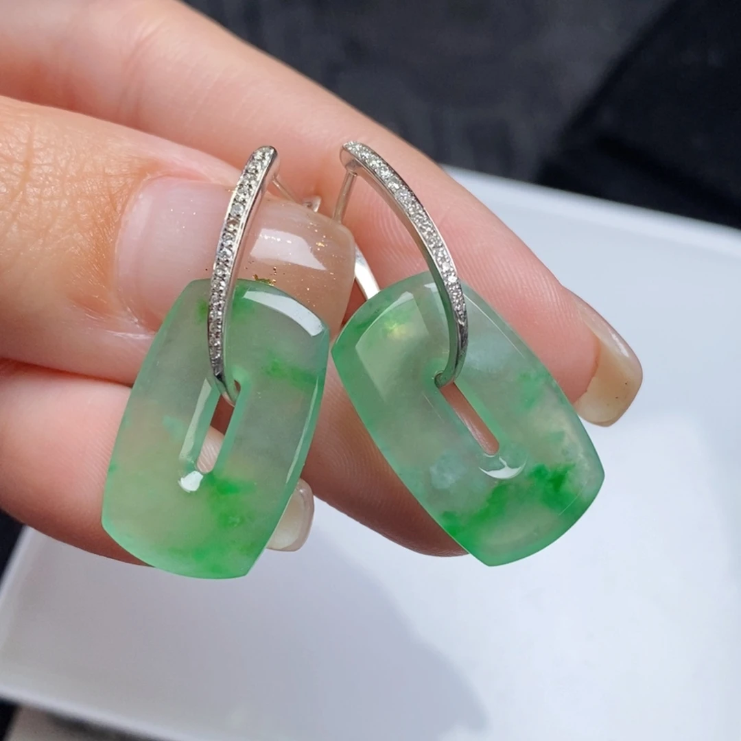 翡翠18K金镶嵌耳饰方糖