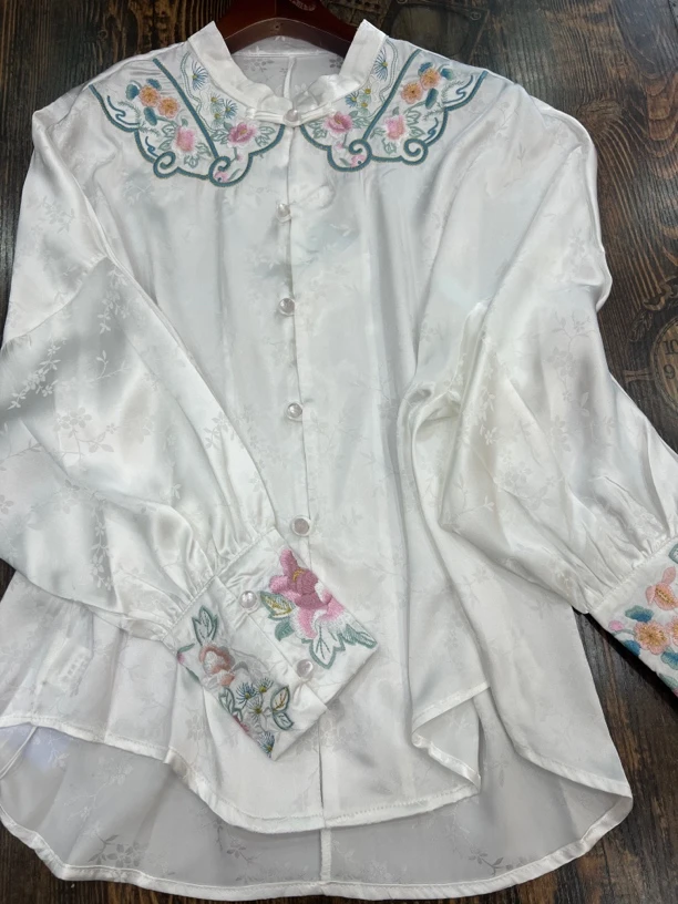 复古新中式刺绣衬衫女长袖立领气质百搭时尚衬衣