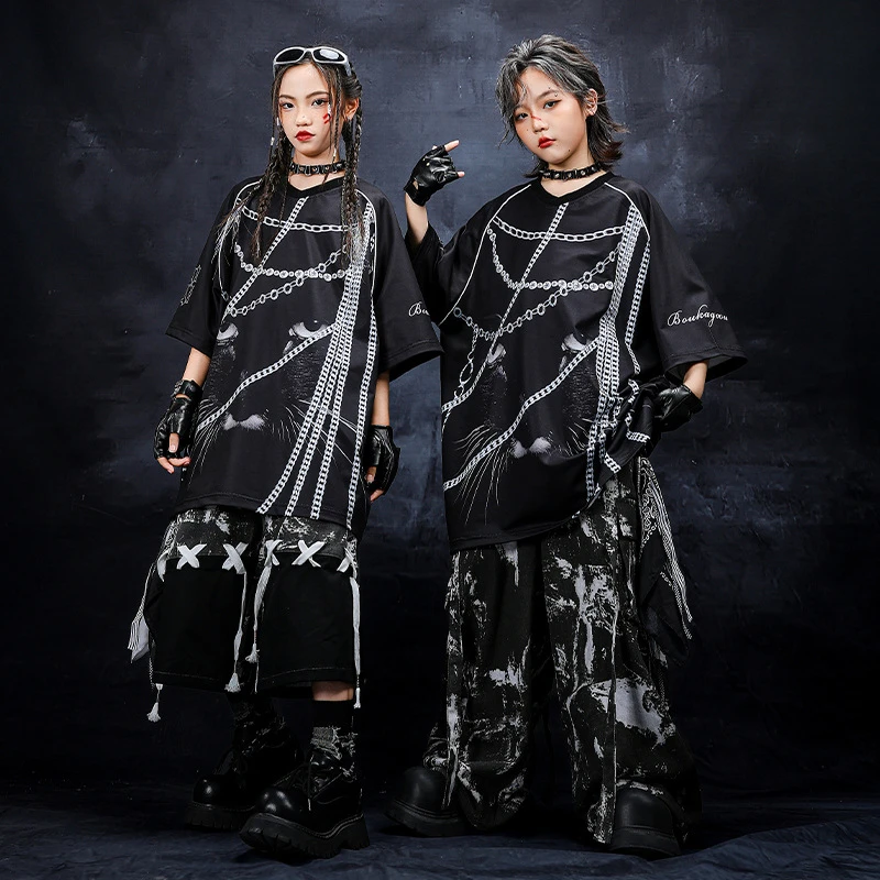 hiphop街舞童装嘻哈潮牌儿童潮服黑色猫咪男童酷帅套装演出服女童
