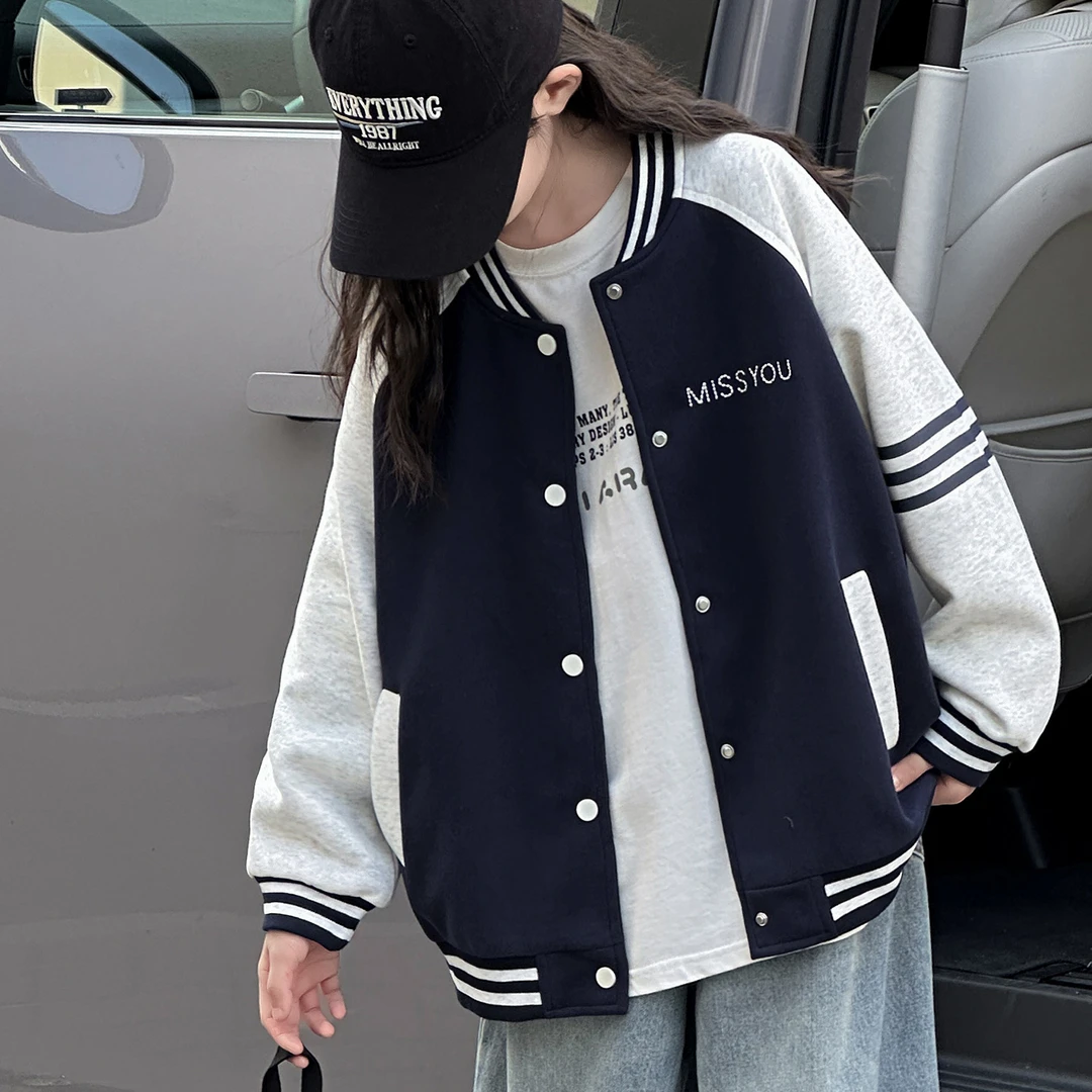 女童插肩袖拼色外套春秋装韩版洋气2025新款中大童棒球服时尚百搭