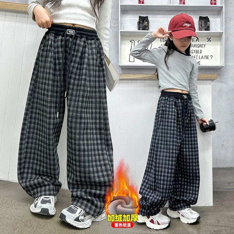 女童秋冬加绒格子裤2025新款初中生女孩宽松休闲百搭弯刀裤子冬季