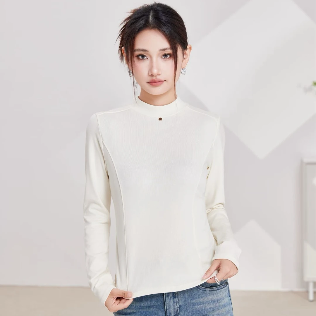 769磨毛长袖T恤女2025秋半高领鱼骨设计感打底衫
