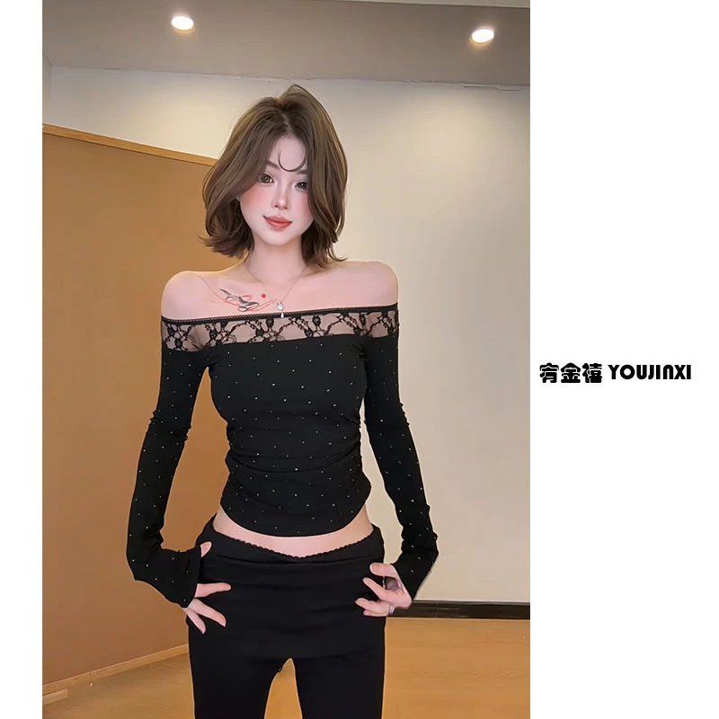 【宥金禧YOUJINXI】辣妹性感一字肩网纱拼接设计感烫钻长袖上衣女