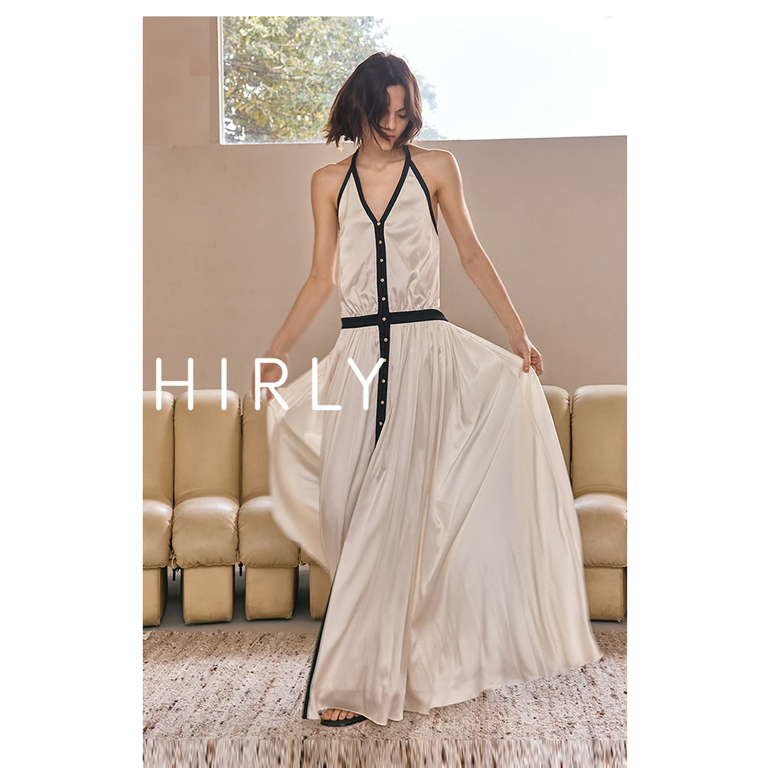 OCHIRLY欧时力 弹力缎面V领挂脖连衣裙松弛感秋季新品