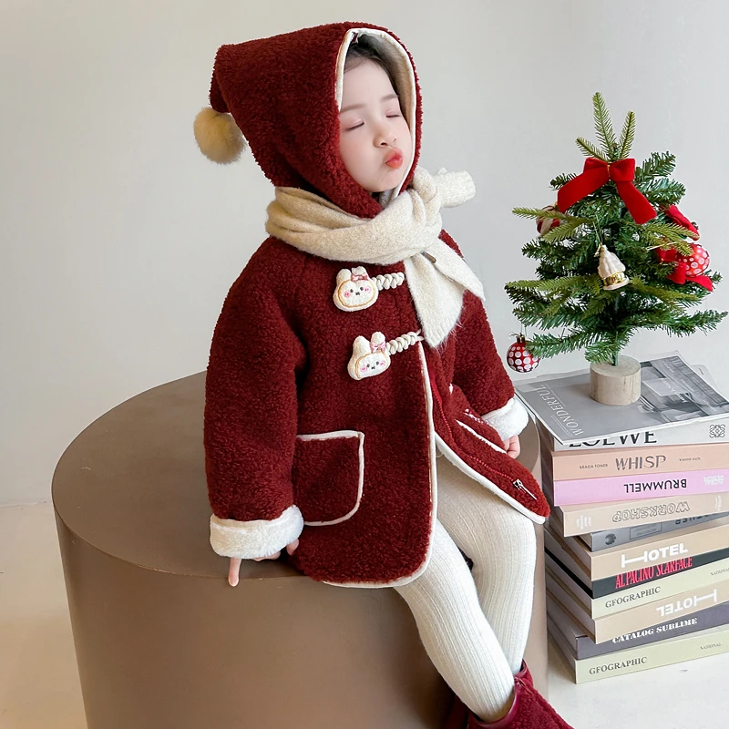 女童外套加绒加厚中长儿童羊羔毛上衣2025新款洋气女孩连帽毛毛衣