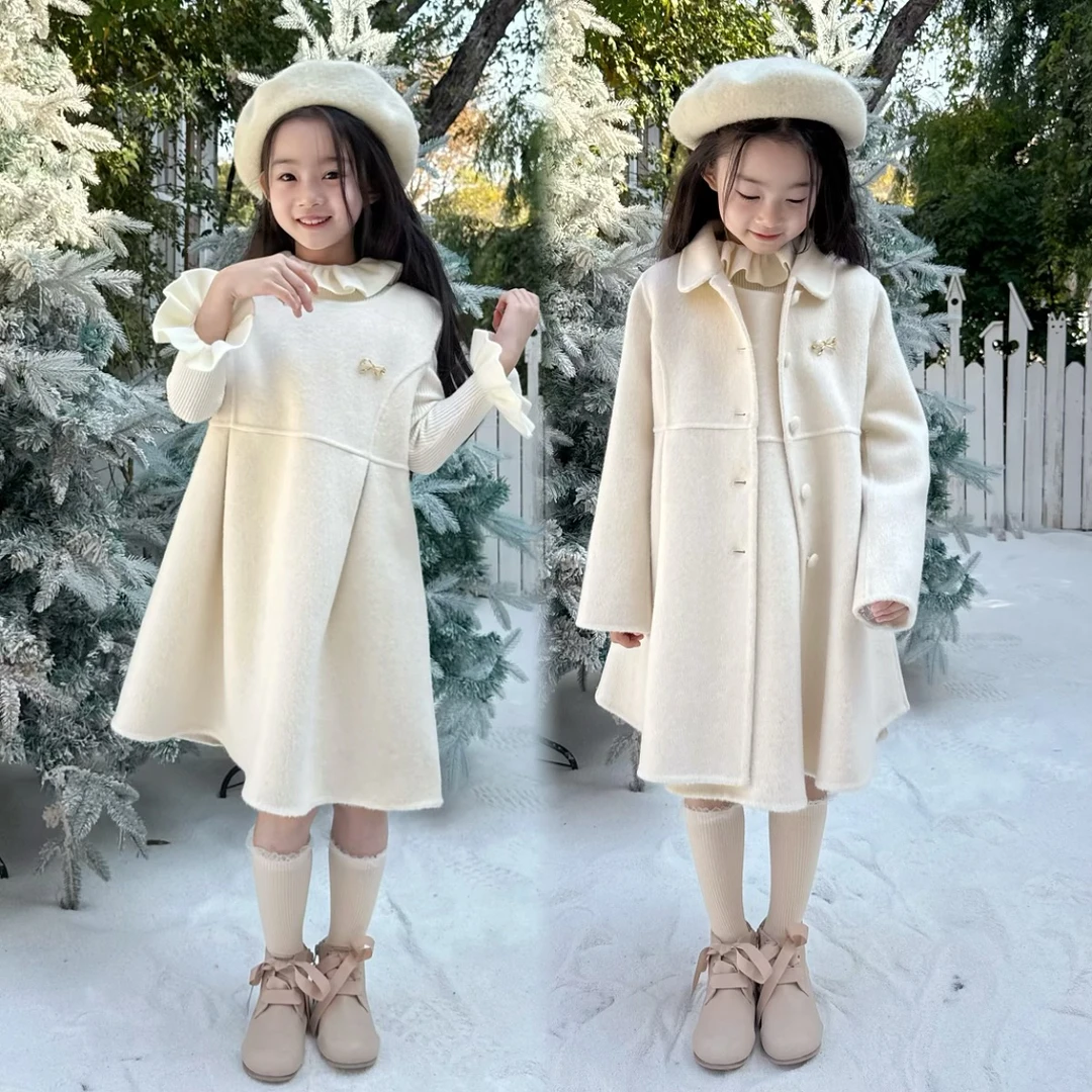 送内胆[Petit Nez]复古100%羊毛双面羊绒手工女童大衣混米两件套
