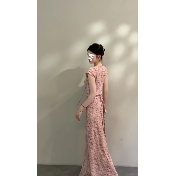 【有弹力】夏季法式浪漫感温柔短袖镂空领连衣群修身时尚裙子3234#