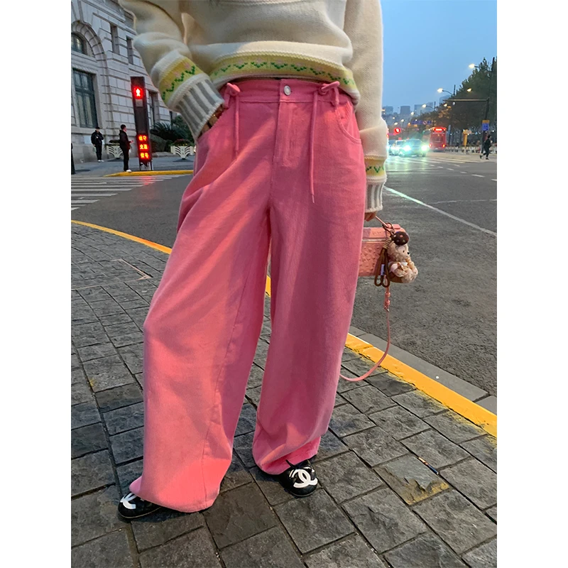 落落狷介 裤子女2024新款秋冬设计感粉色灯芯绒阔腿裤小个子系带