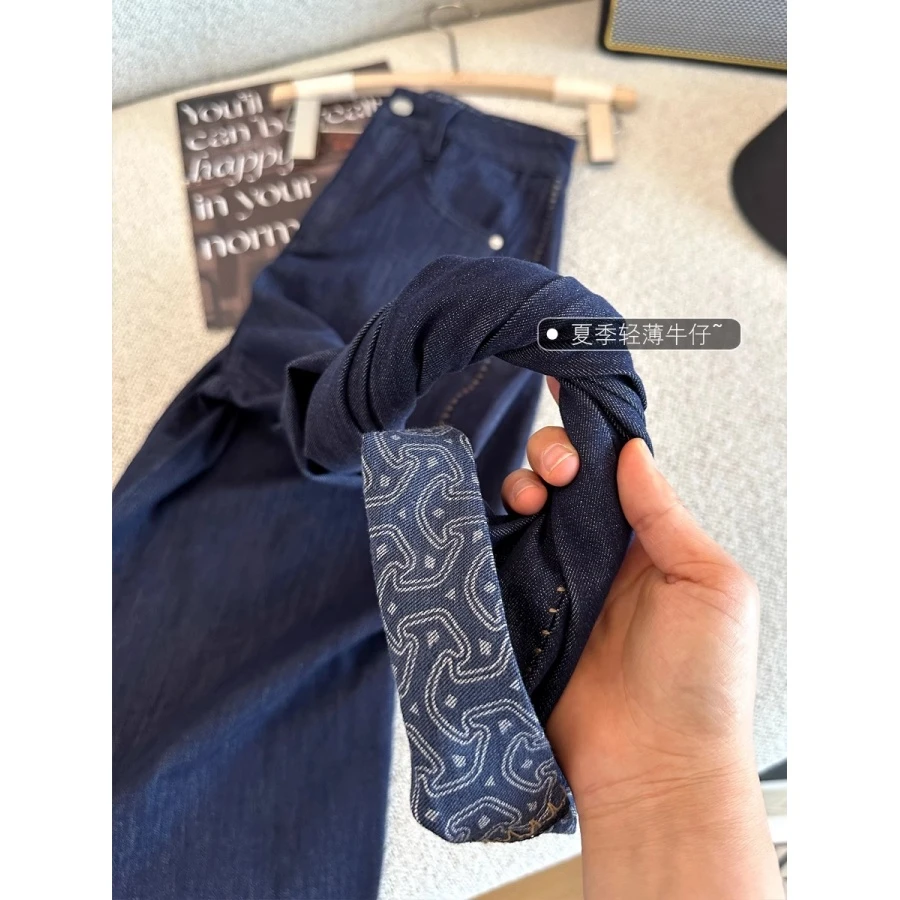 轻薄复古花纹宽松弯刀牛仔裤夏季新款梨形身材高腰显瘦九分哈伦裤