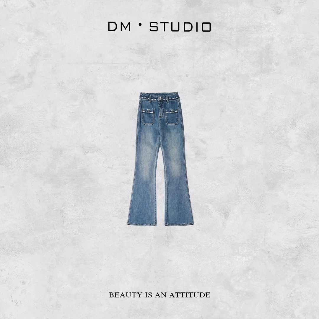-DM•STUDIO/复古腰头链条轻奢百搭阔腿修身微喇牛仔裤（8856）