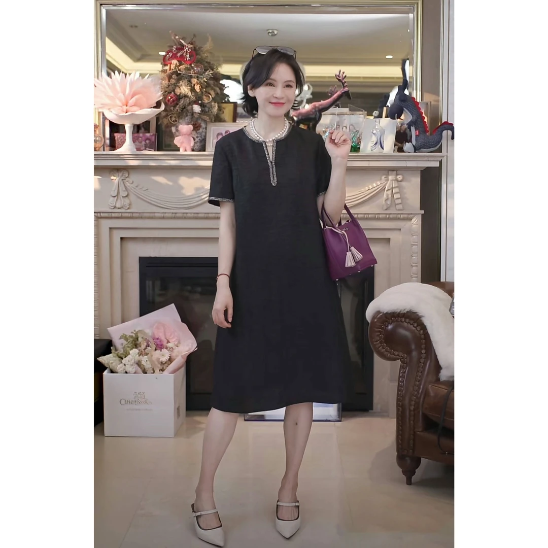 我是摩羯黑珍珠晚宴 30MM6A级真丝龟裂纹香云纱钉珠夏连衣裙