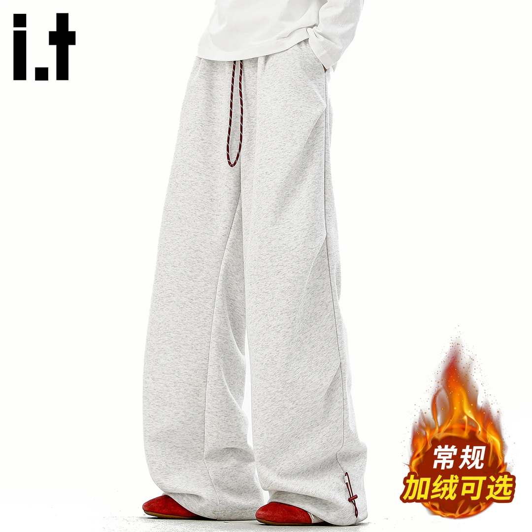 it: CHOCOOLATE灰色褶皱加绒弯刀休闲裤男2025冬季美式加厚卫裤男