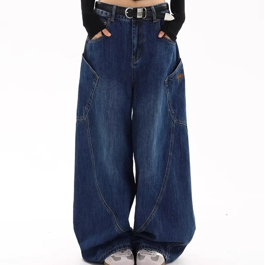 美式复古大口袋弯刀牛仔裤男女春秋款高街设计感宽松阔腿拖地裤子