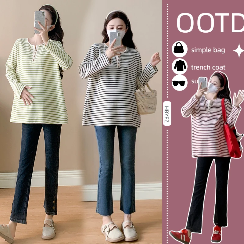 孕妇装春装新款韩版孕妇长袖时尚百搭V领条纹休闲宽松T恤衫中长款