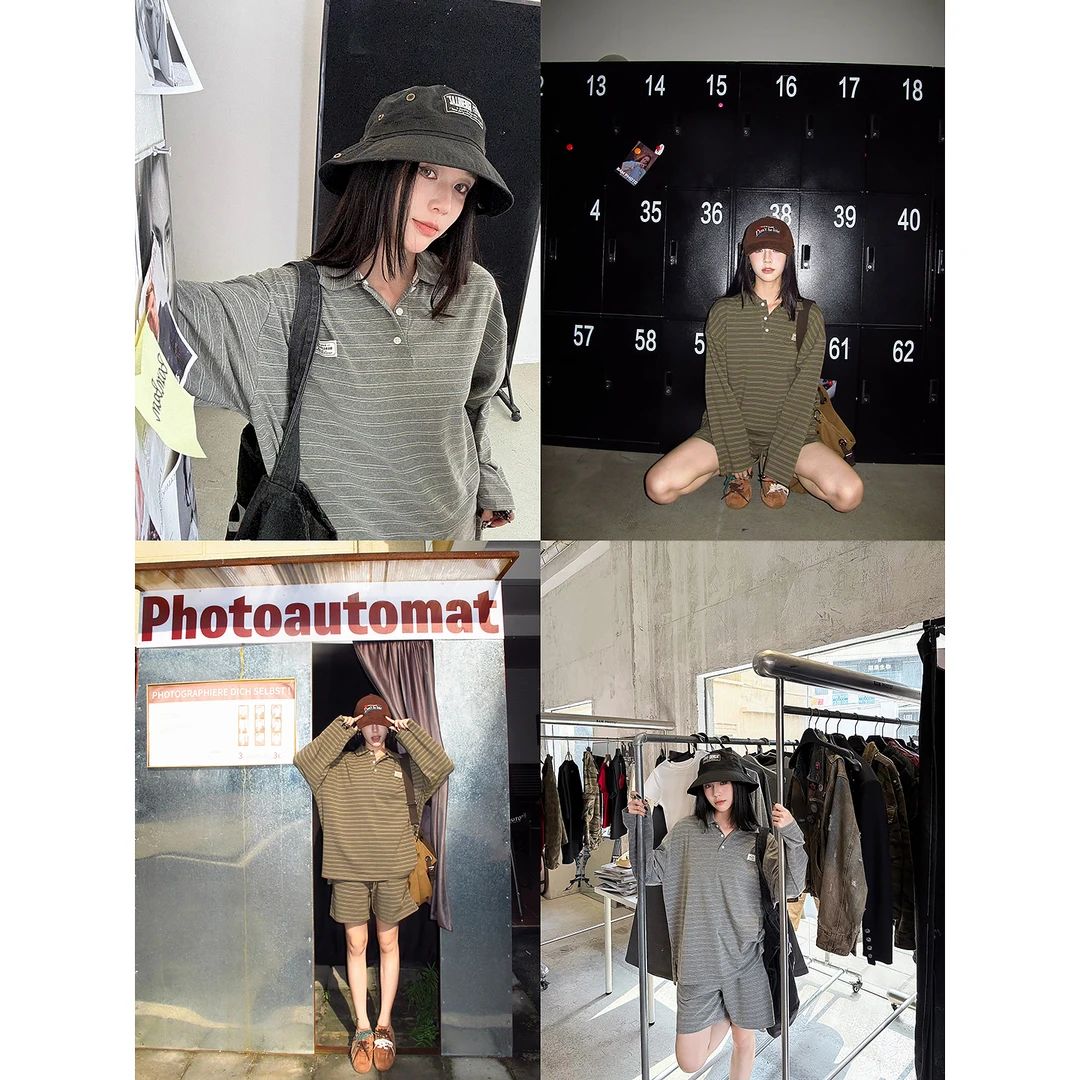 NEW 8.24 杨九七复古条纹POLO领长袖T恤女早秋上衣短裤套装 7797