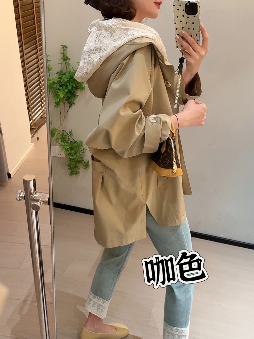 老赵服饰 欧货蕾丝拼接假两件连帽风衣外套 21AU3356
