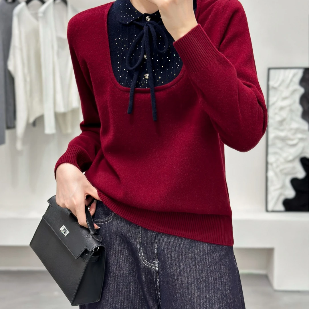 黛妍6609冬季新款100%羊毛气质百搭假两件撞色满天星上衣