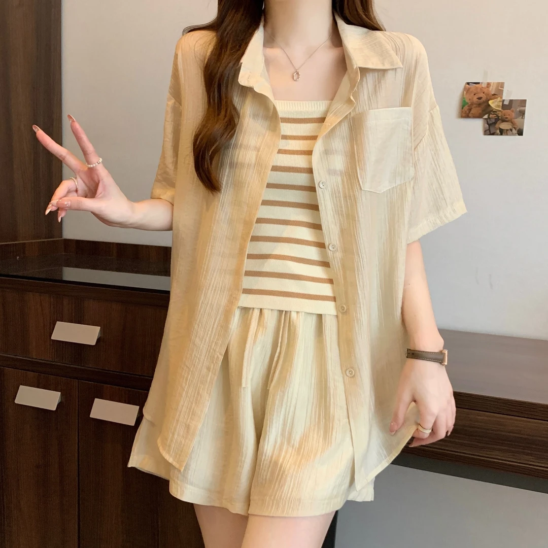 夏季新款韩版宽松防晒短袖衬衫短裤套装女时尚百搭薄款洋气两件套