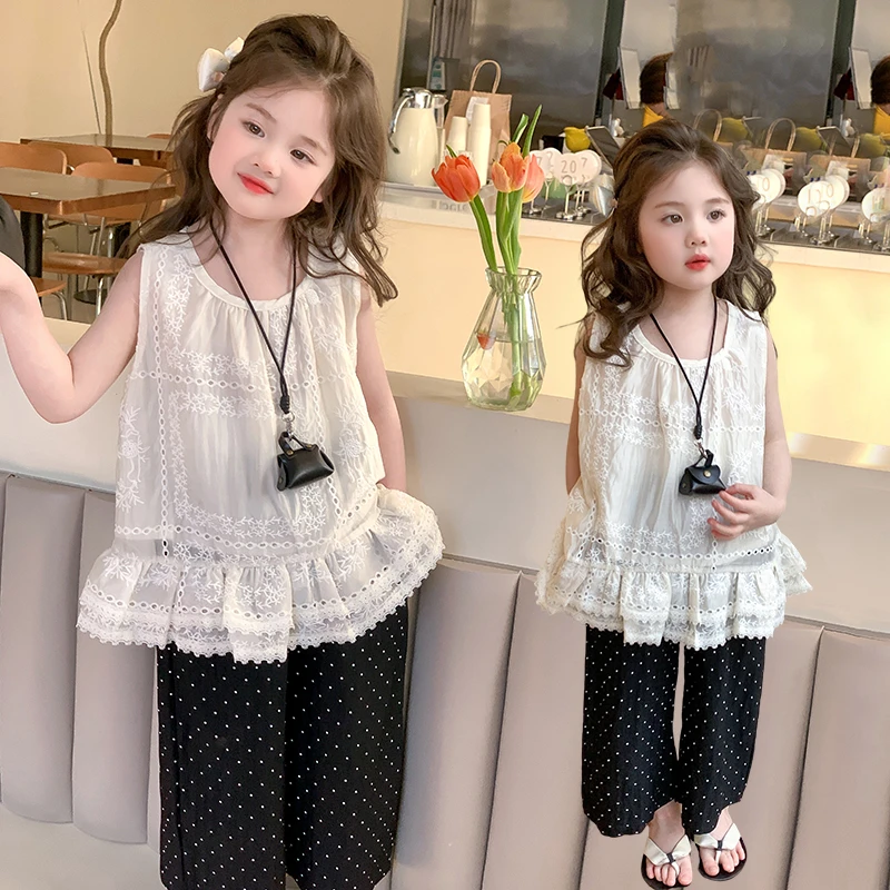 女童无袖套装洋气甜美儿童蕾丝边娃娃衫波点休闲裤子两件套夏装潮