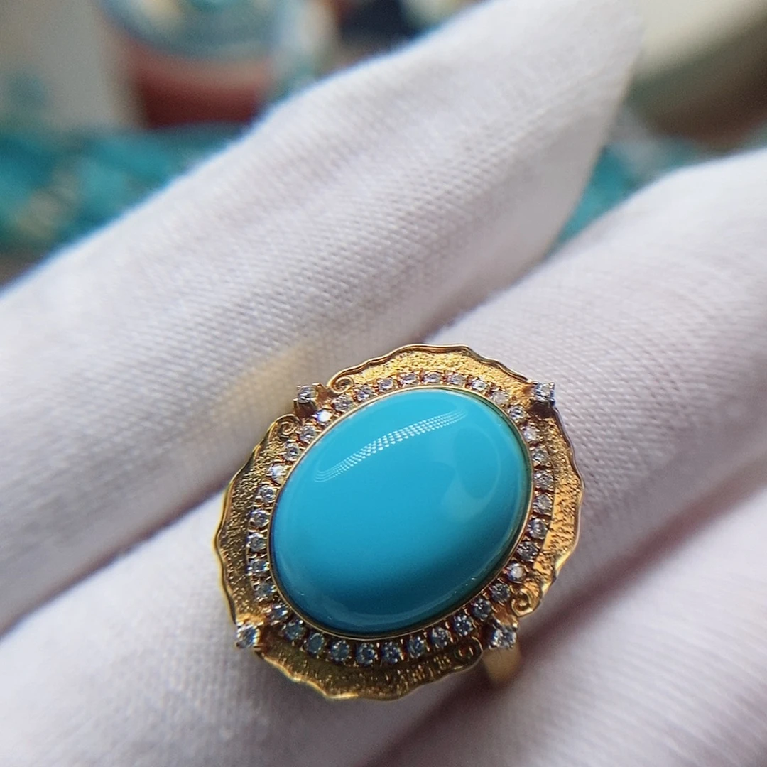绿松石18K金镶嵌高瓷蓝大蛋面女戒