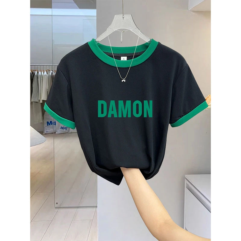 领口拼色正肩圆领短袖t恤女时尚百搭洋气显瘦上衣打底衫2025夏季