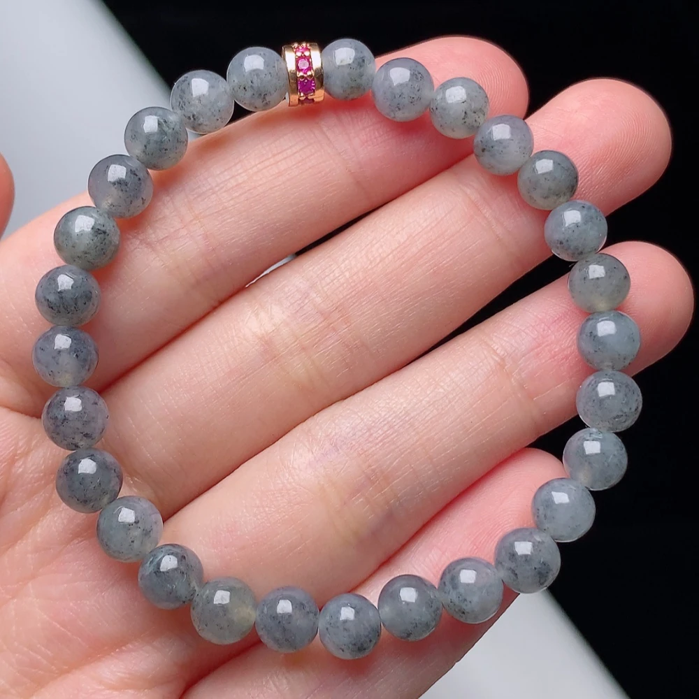 缅甸天然翡翠A货冰润乌鸡圆珠手链卡6.2mm女士灰色精美