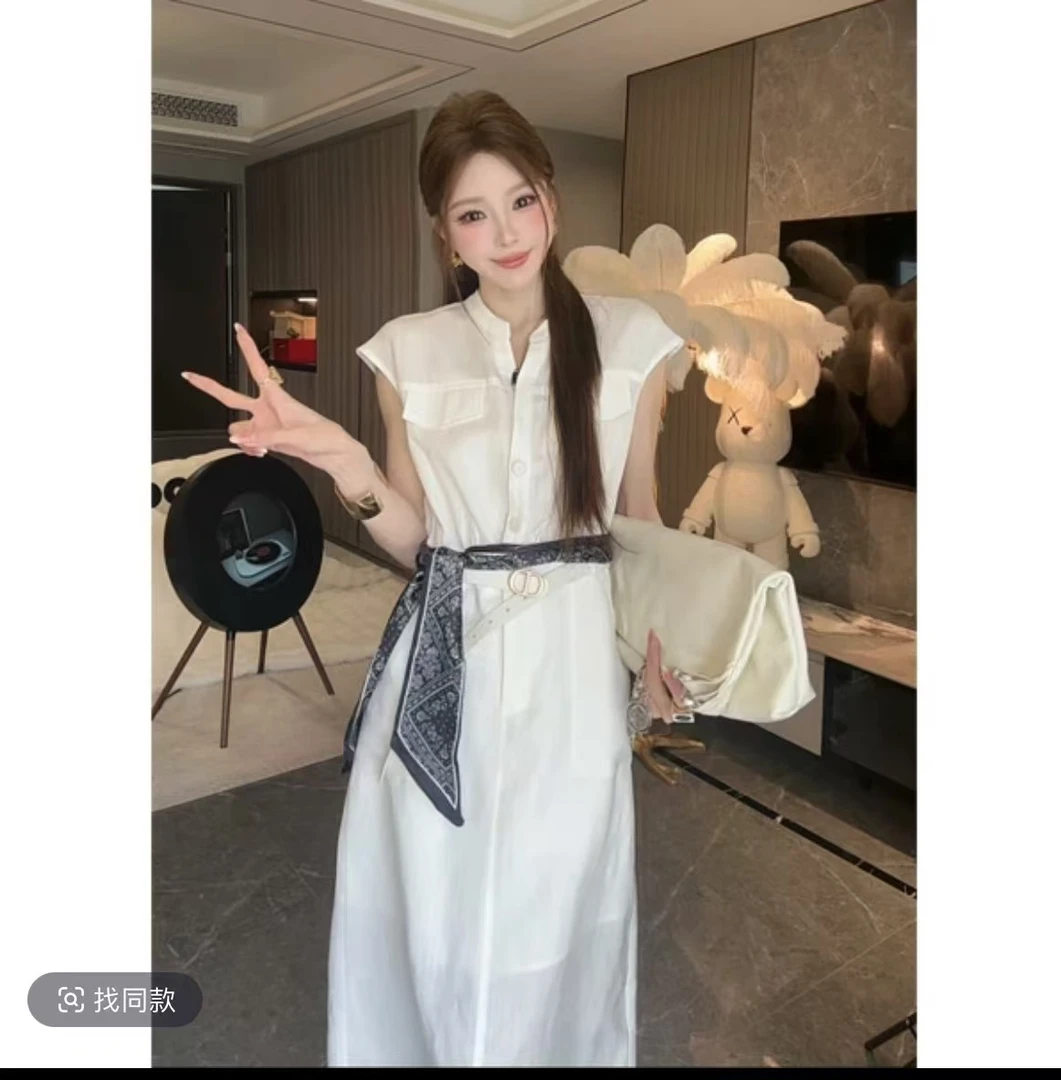 天丝亚麻气质收腰显瘦长裙女下摆开叉连衣裙（送腰带送丝巾)9921