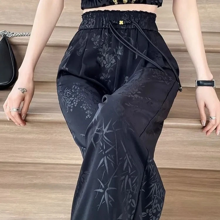 大码冰丝提花阔腿裤女夏季薄款裤子女新款胖mm宽松显瘦缎面阔腿裤