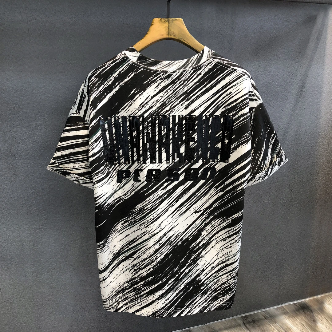 Paris巴黎周重工鳄鱼纹皮质字母潮牌短袖T恤男士2025宽松半袖体恤