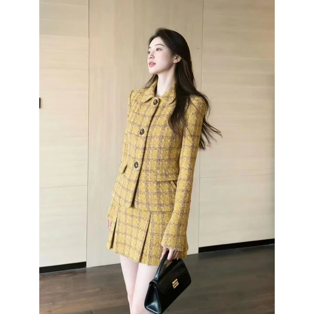 富家千金miu系穿搭小香风气质名媛黄色格纹外套半身裙套装女秋冬