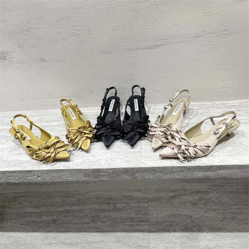 欧洲站2025春夏款真皮女鞋时尚百搭蝴蝶结绸缎面尖头浅口细跟凉鞋