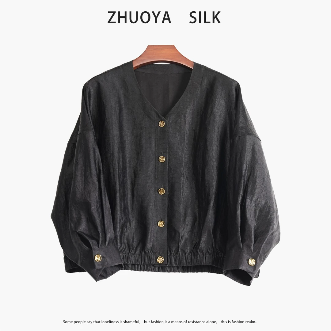 琸娅100%桑蚕丝香云纱龟裂纹上衣百搭精致女士气质宽松 真丝上衣