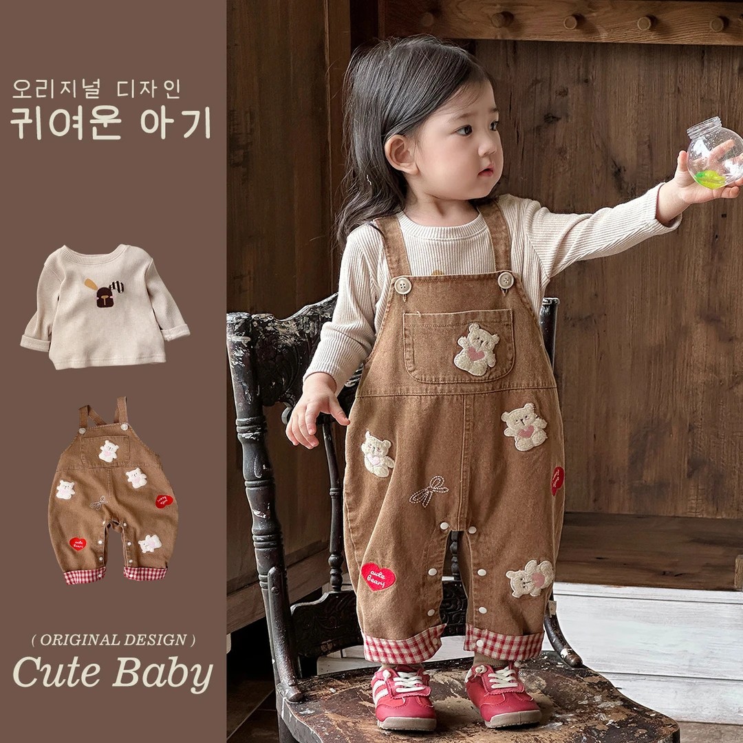 【4号】-蔓葡-卡通小熊棉质柔软背带裤打底衫毛衣两件套-A007