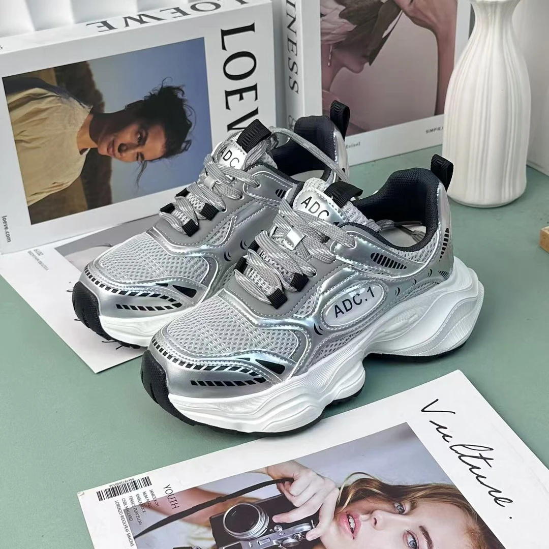 显脚小增高厚底老爹鞋女夏2024新款小白鞋透气炸街运动鞋