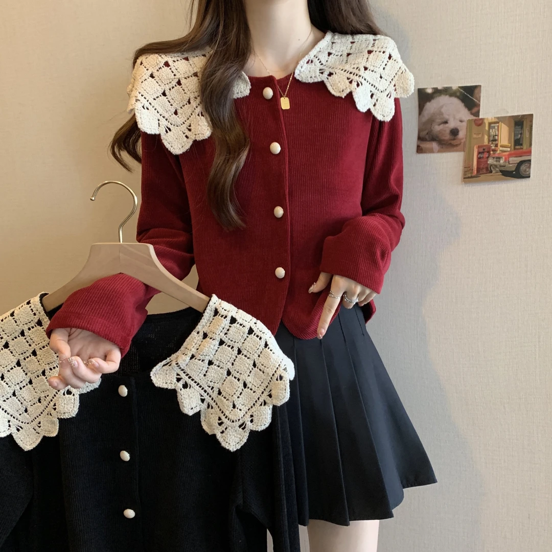 2025新款胖MM秋款小众设计感别致花边领修身显瘦时尚百搭针织衫