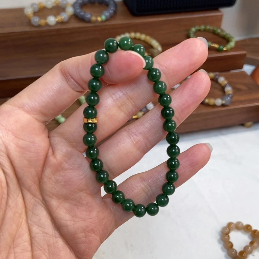 和田玉银S925镶嵌手链福利6mm碧玉