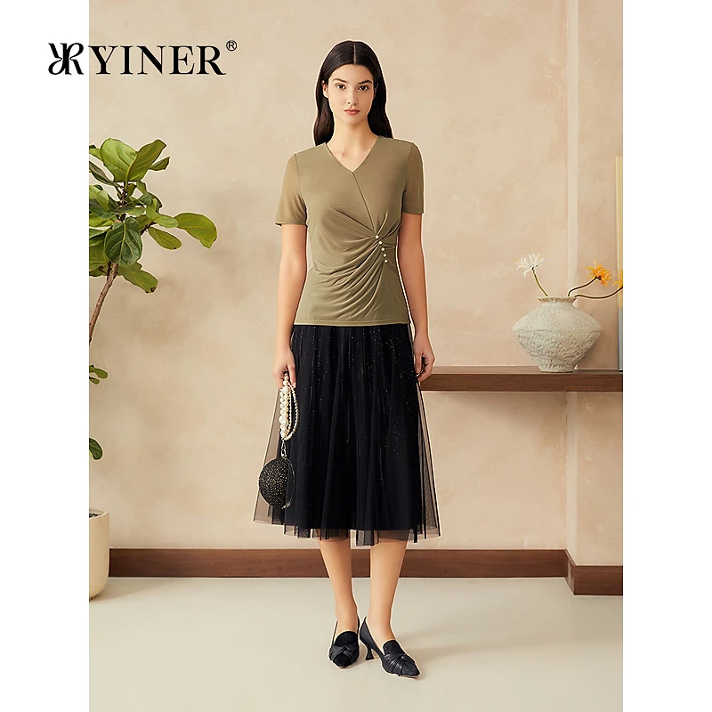 YINER音儿专选2025春季新款法式优雅衬衫褶艺钉珠不对称褶轻上衣