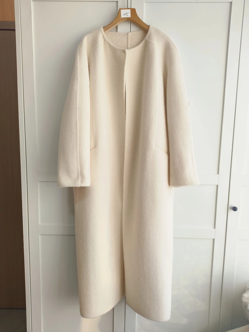 205白色极简设计师气质桑蚕丝羊毛大衣秋冬女