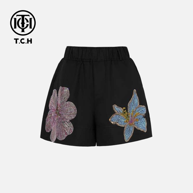 TCH烫钻工艺时尚休闲百搭气质舒适短裤女T75B21E5129轻奢tch