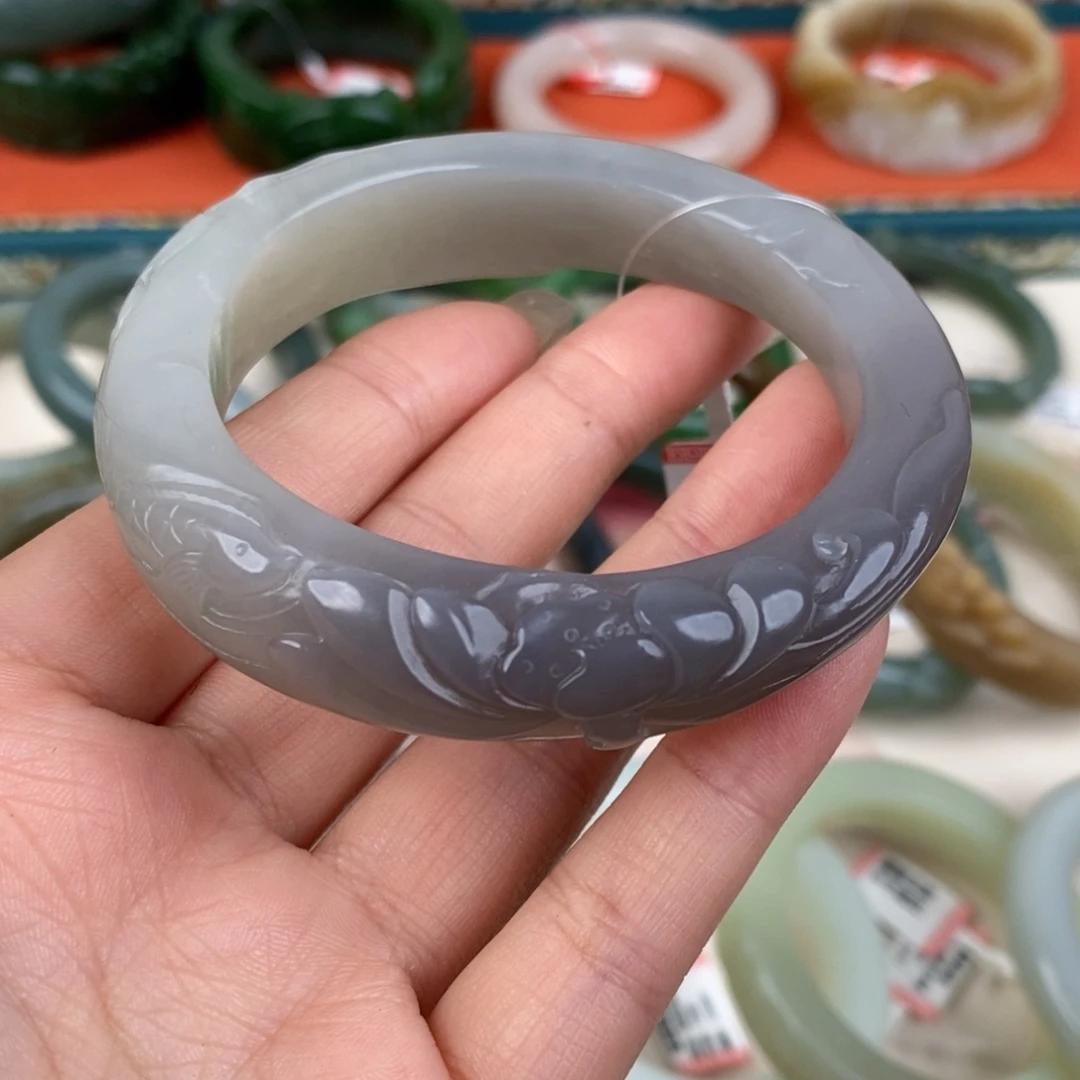 和田玉未镶嵌手镯冰底烟灰手镯57.8#