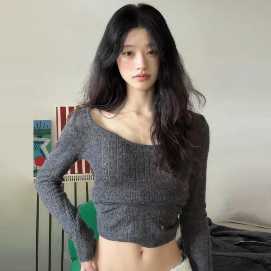 韩系辣妹灰色毛衣针织衫女秋冬季2025新款内搭打底衫小上衣设计感