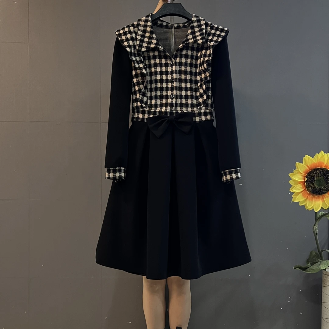 欧货新款翻领木耳边格纹系带拼接假两件中长款连衣裙
