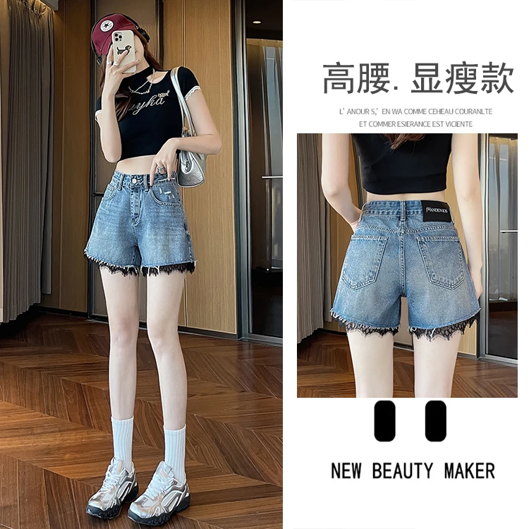 黑色蕾丝花边牛仔短裤女2025夏季新款显瘦时髦设计感高腰a字热裤